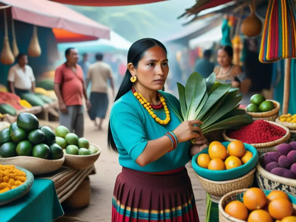 Una vibrante escena de un mercado tradicional Maya con frutas, verduras y hierbas únicas