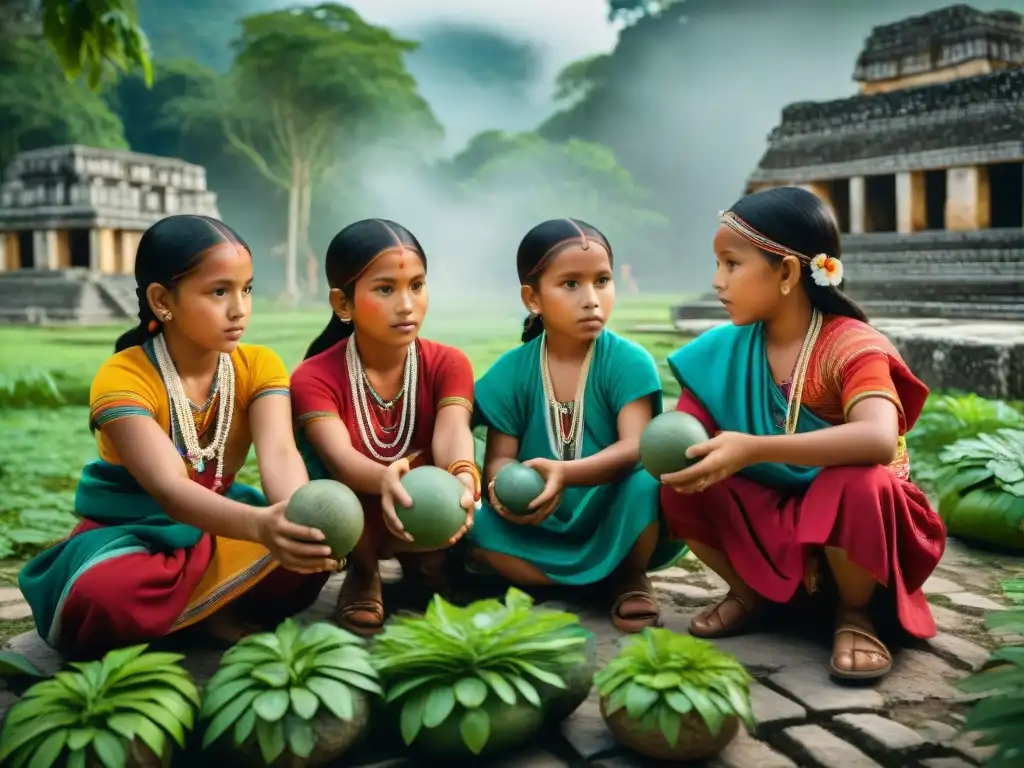 Vibrante escena de niños mayas participando en actividades tradicionales, resaltando el rol de los niños mayas