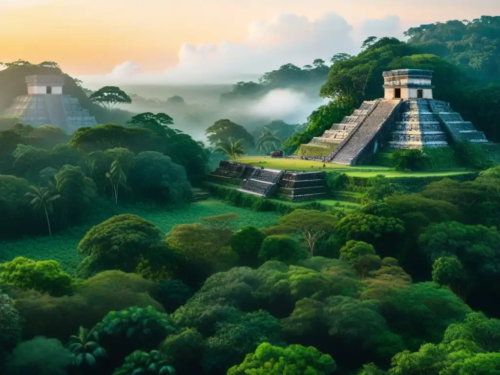 Vibrante escena de la selva maya al atardecer, con ruinas antiguas entre la exuberante vegetación y nativos practicando la agricultura