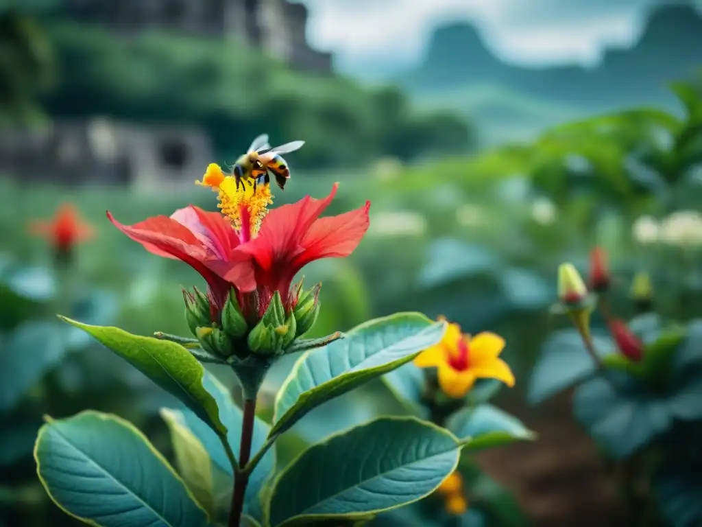 Un vibrante escenario de polinización de insectos en un campo de agricultura Maya, con una abeja iridiscente recolectando néctar de una flor de hibisco rojo brillante, rodeada de otros insectos en movimiento y ruinas mayas