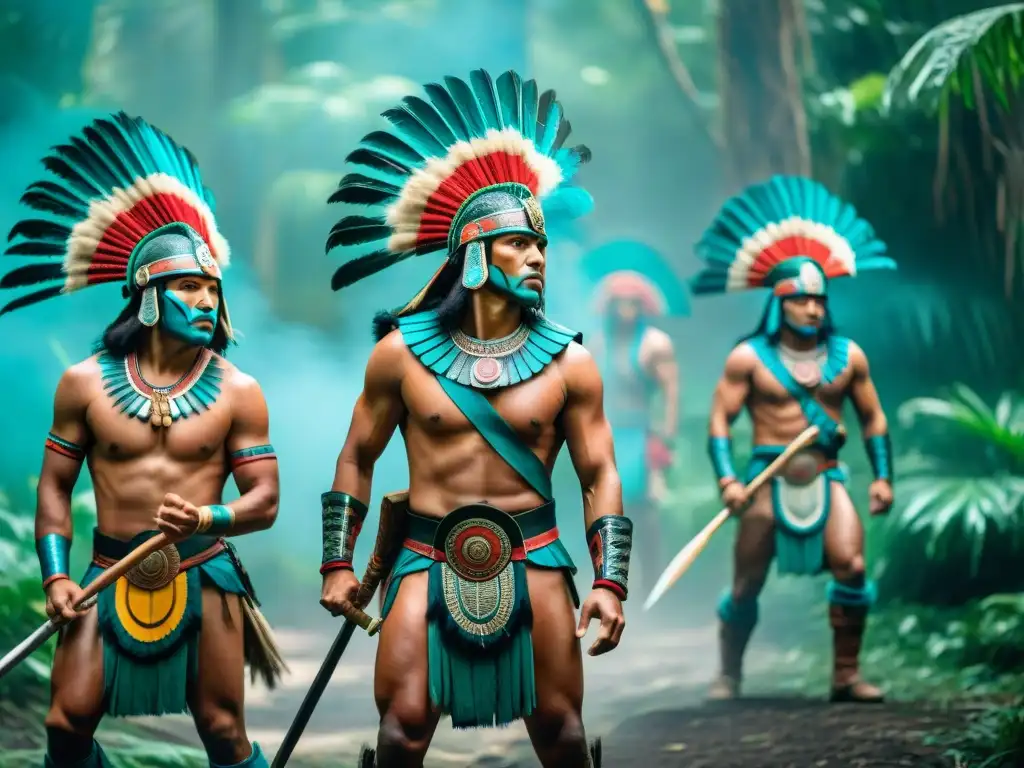 Vibrante imagen de guerreros mayas en simulacros de conflictos, con tocados de plumas y pintura corporal, en la selva