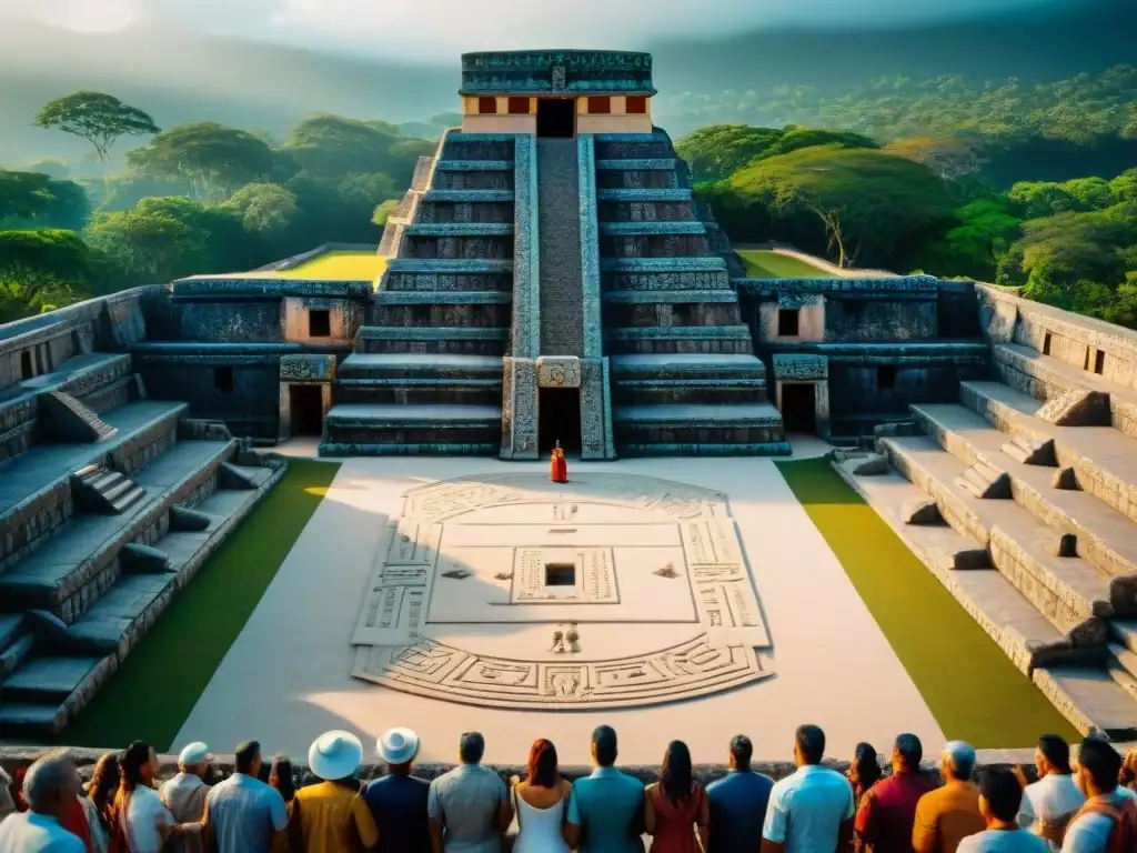 Vibrante juego de pelota maya con espectadores y jeroglíficos, fusionando lo antiguo con lo moderno