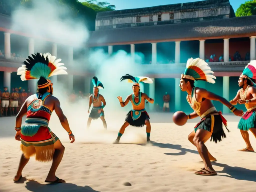 Vibrante juego de pelota maya, con equipos en elaboradas vestimentas de plumas y diseños intrincados