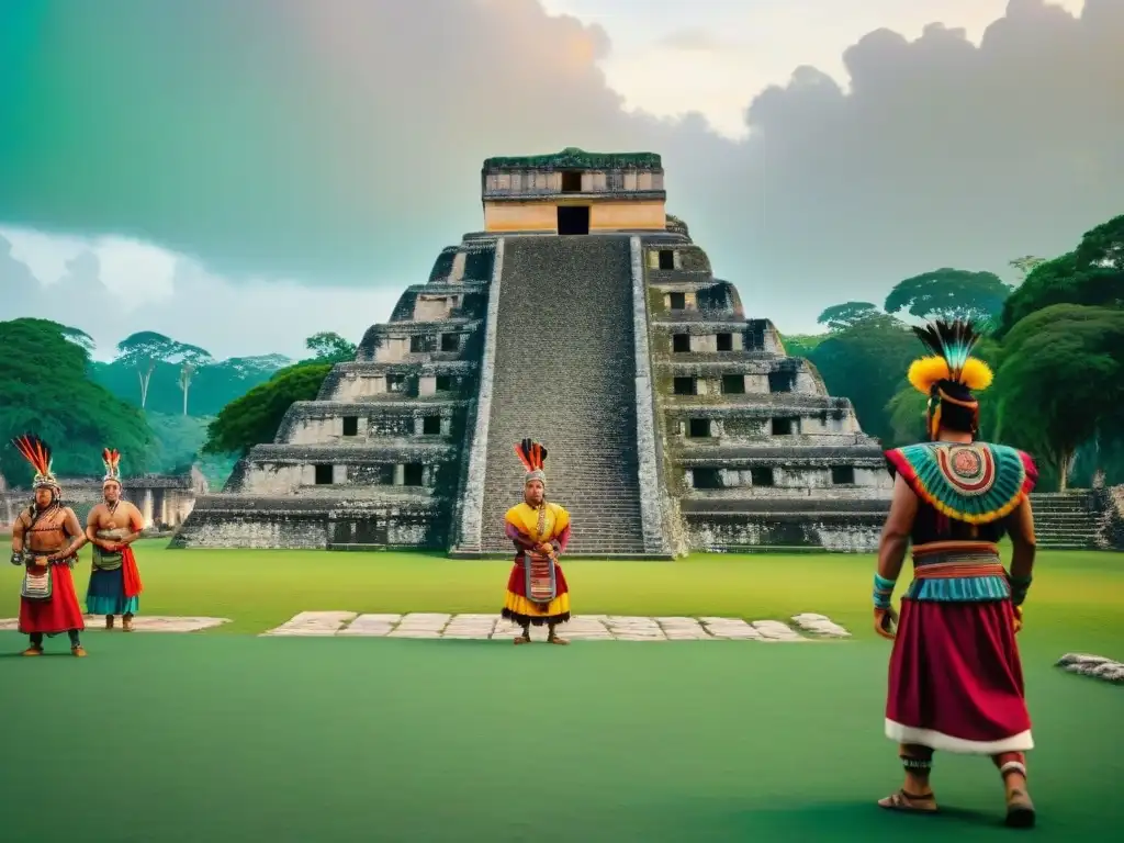 Una representación vibrante del Juego de Pelota Maya recreación, con detallados atuendos y ruinas antiguas en un campo verde