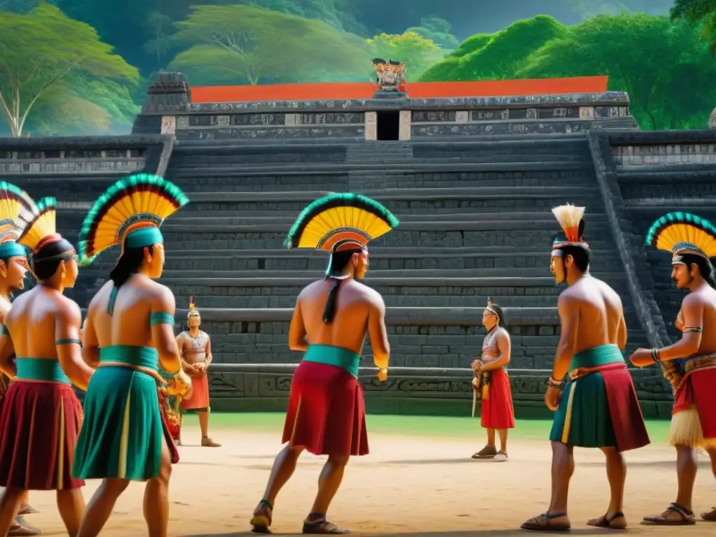 Una vibrante recreación del Juego de Pelota Maya, con jugadores en vestimenta tradicional y espectadores atentos en una cancha mesoamericana