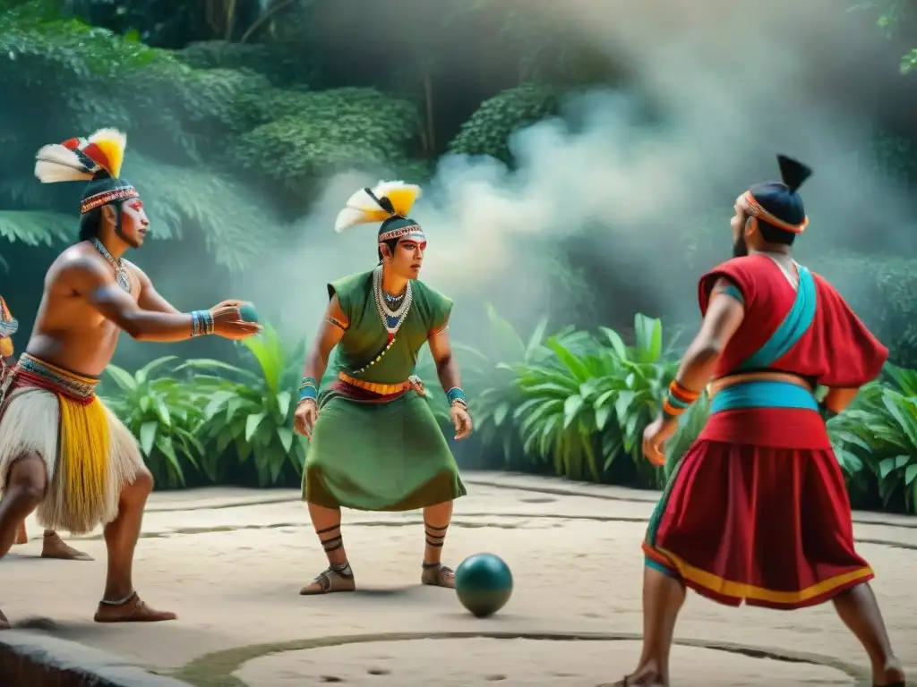 Un vibrante juego de pelota ulama tradición Maya: jugadores, espectadores, selva y estructuras antiguas