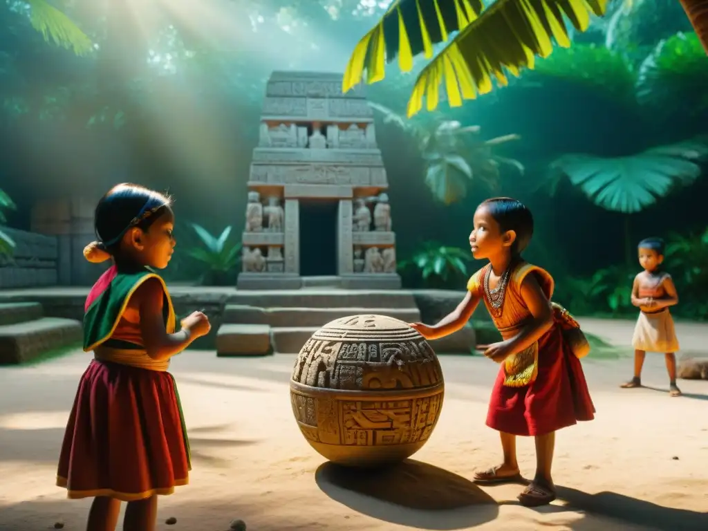 Un vibrante juego tradicional maya en la selva: niños vestidos con trajes coloridos, expresiones enfocadas y movimientos ágiles