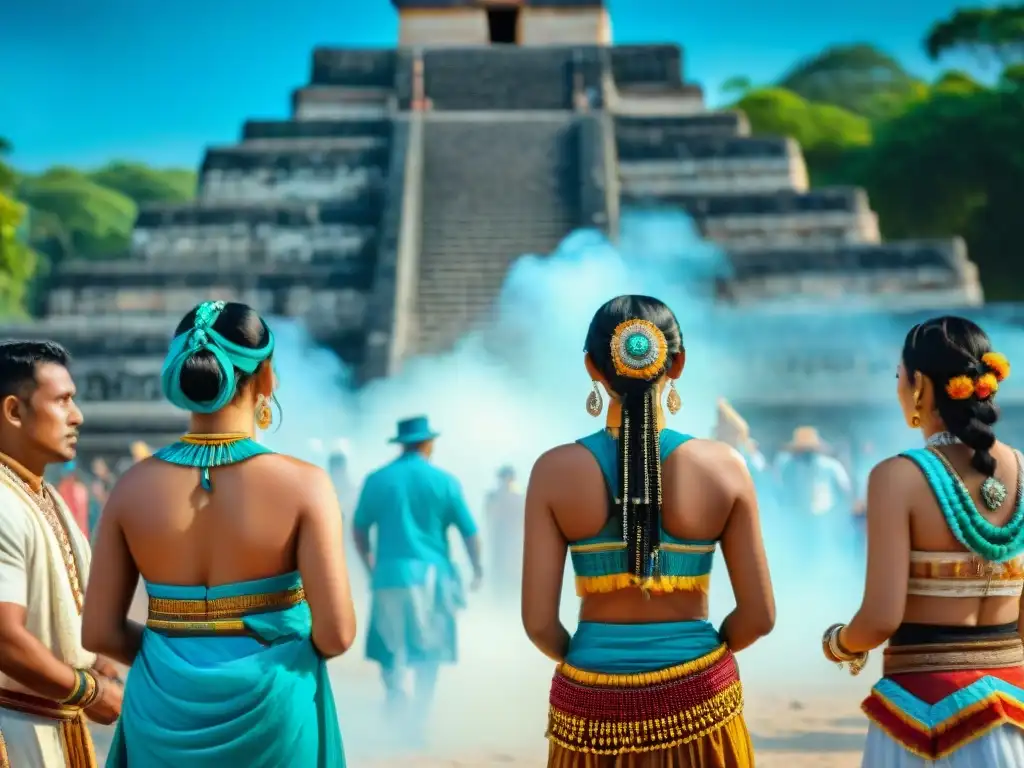 Vibrante celebración maya con danza y música, rodeada de ruinas y naturaleza exuberante