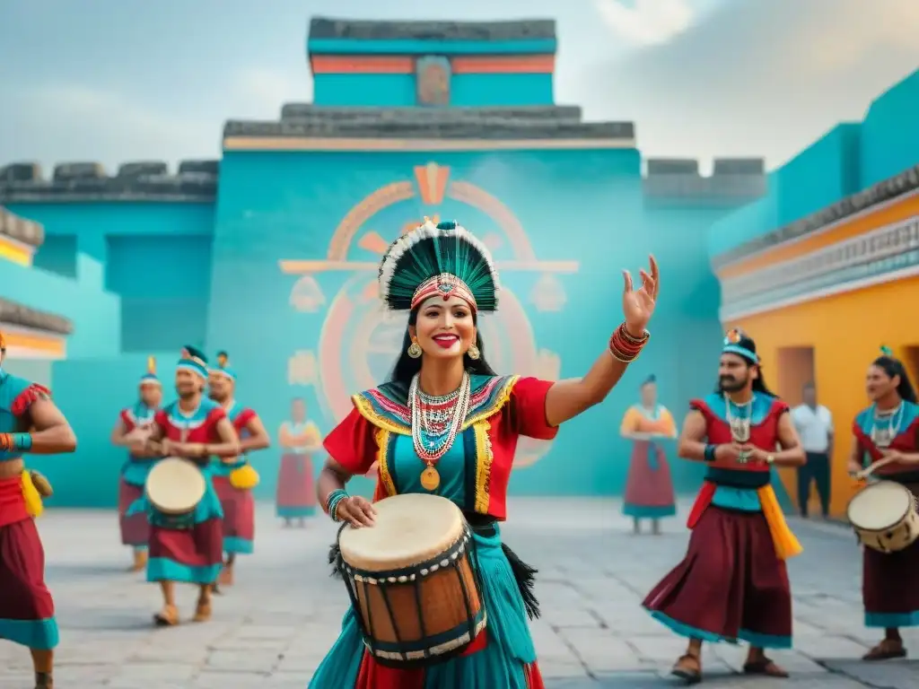 Vibrante celebración maya en plaza con danzas y coloridos atuendos