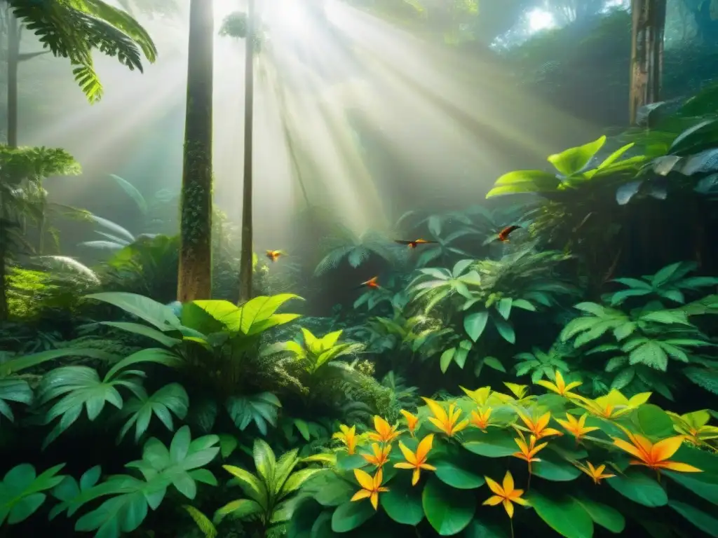 Vibrante ecología en la civilización maya: selva exuberante con diversa flora y fauna en armonía bajo la luz filtrada en la densa vegetación