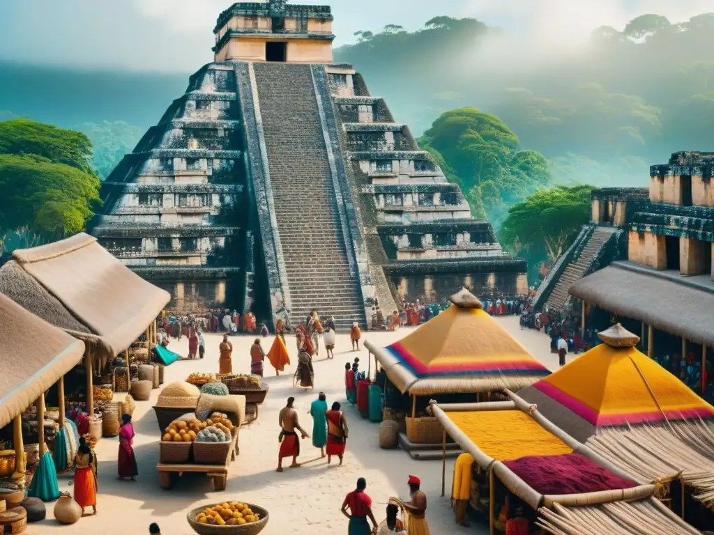 Vibrante mercado en ciudad maya con rutas comerciales terrestres civilización maya