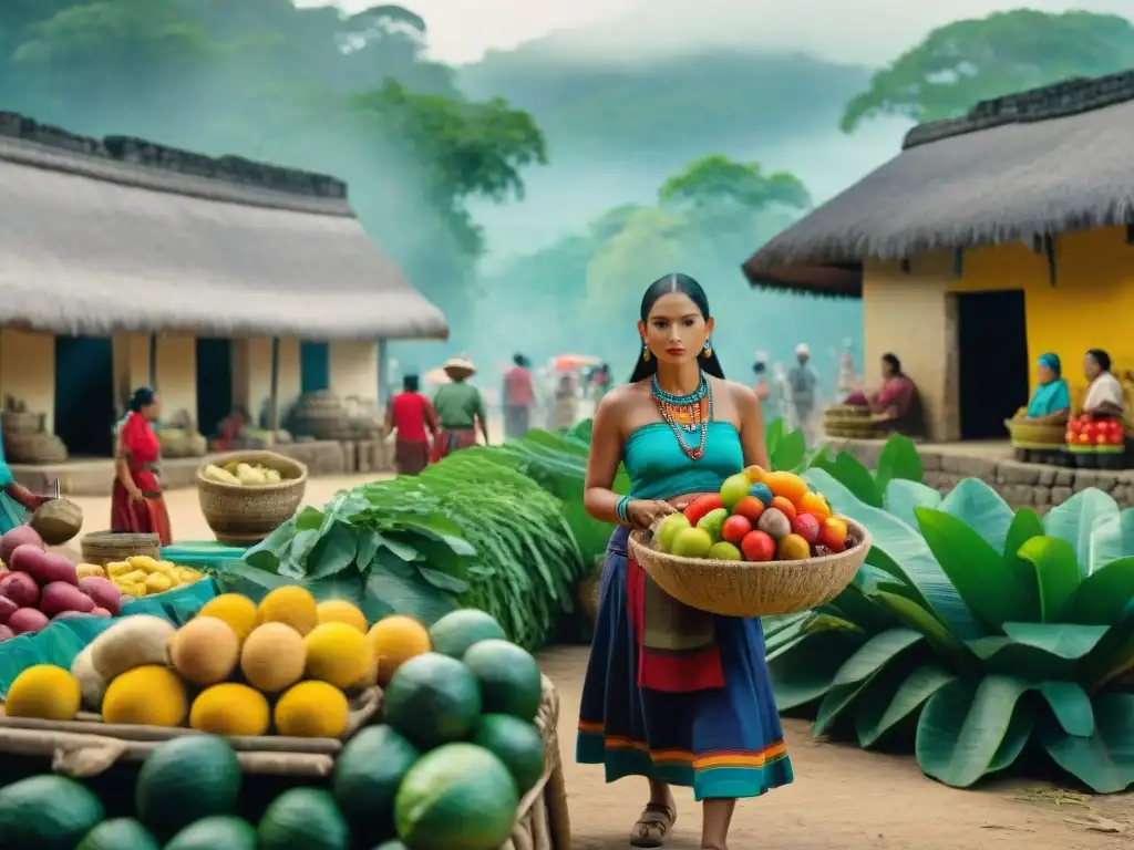 Vibrante mercado maya, con agricultores en ropa tradicional vendiendo frutas frescas y productos hechos a mano