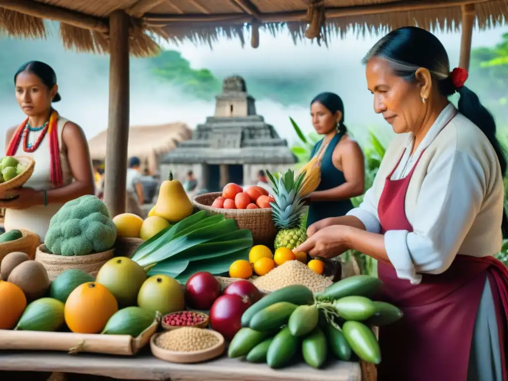 Vibrante mercado maya con alimentos medicinales dieta maya, intercambio cultural y ancestralidad en cada detalle