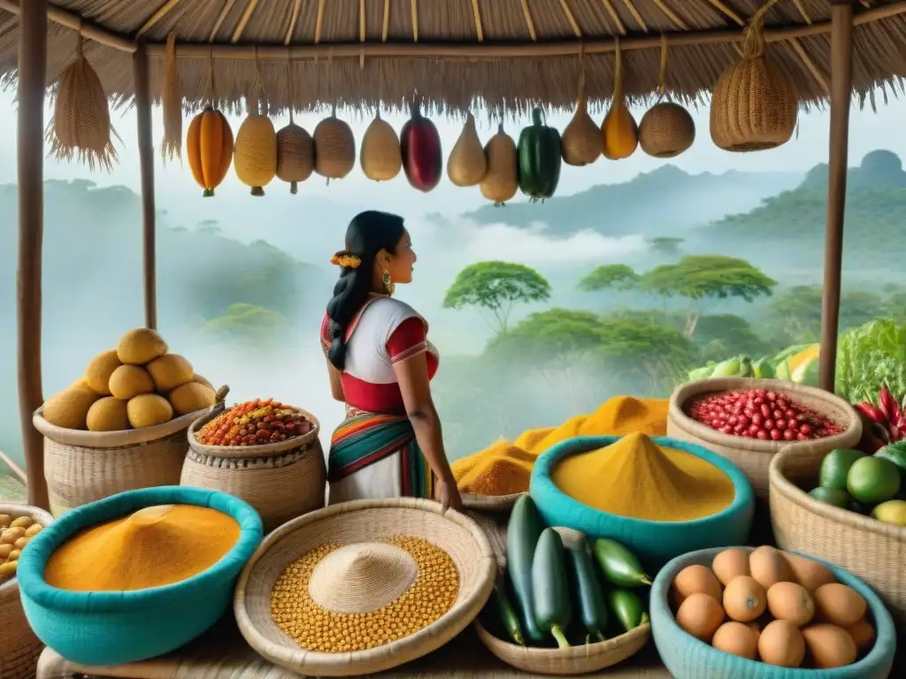 Vibrante mercado maya con alimentos tradicionales en cestas tejidas, reflejando la conexión a la naturaleza en la dieta ancestral maya saludable