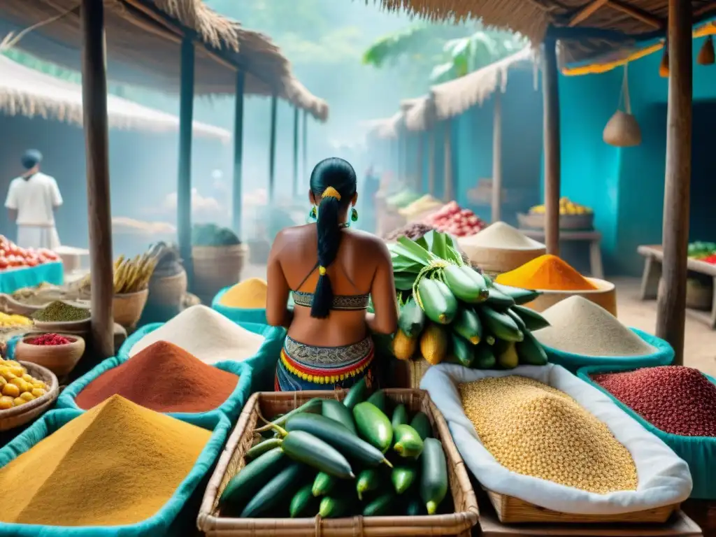 Vibrante mercado Maya con alimentos tradicionales, reflejando la dieta diaria Maya antiguo bajo el sol mesoamericano