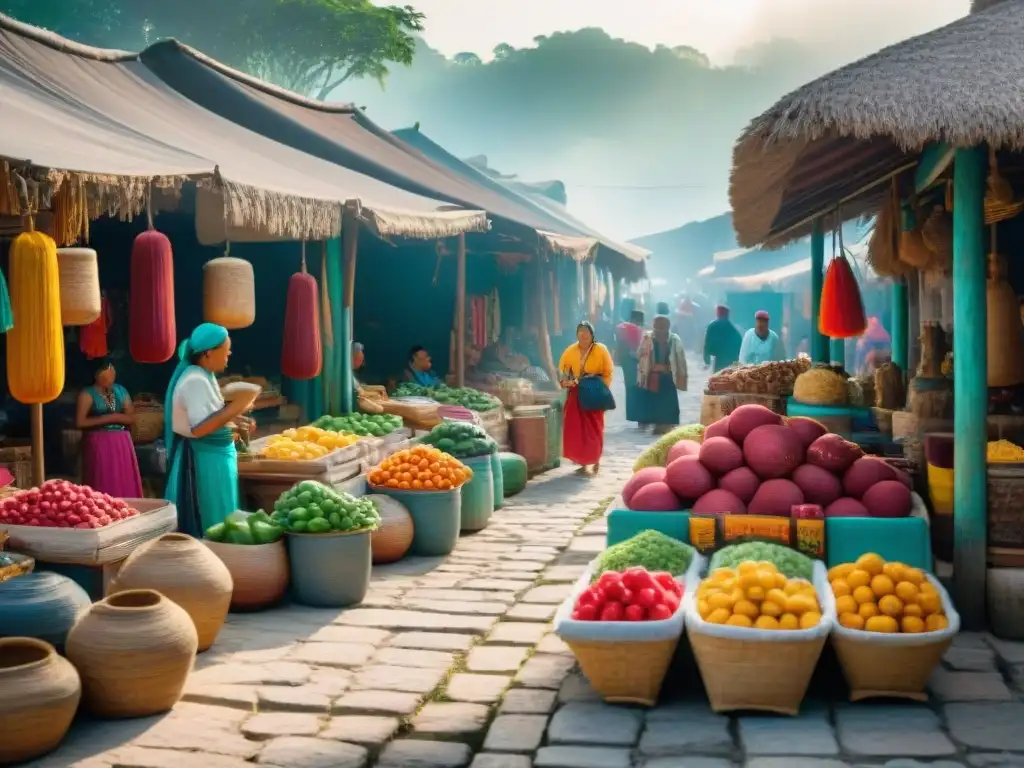 Vibrante mercado maya con arquitectura detallada, colores vibrantes y comunidad cultural