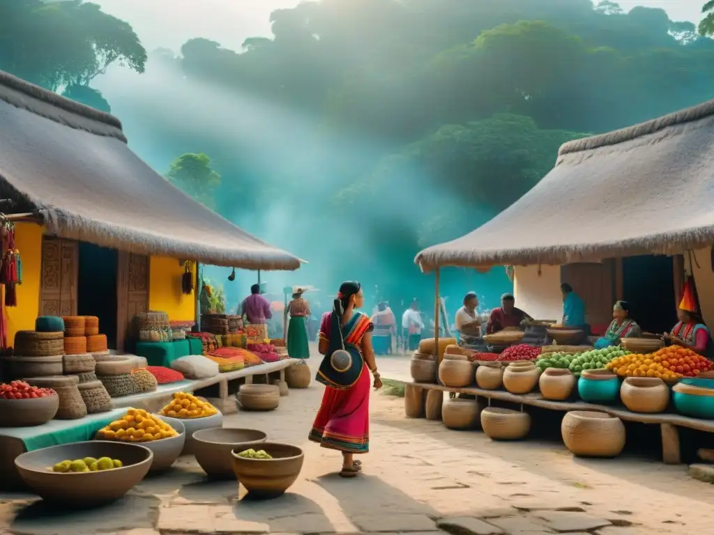 Vibrante mercado maya con artesanías, vestimenta colorida, ruinas y naturaleza, simbolizando la fusión de tecnología y cultura