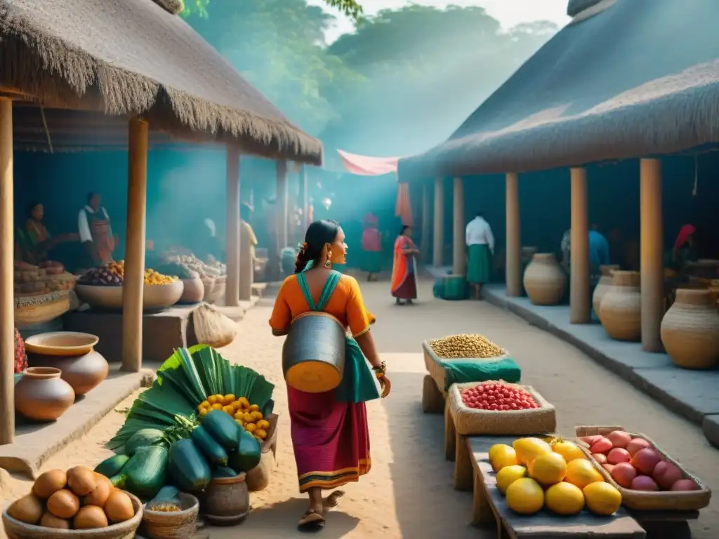 Vibrante mercado maya con artesanías, frutas y sonidos 3D en cultura maya