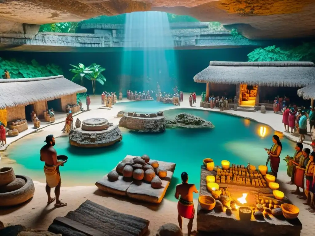 Vibrante mercado maya cerca de cenote, destacando comercio y la Importancia de cenotes en comercio maya