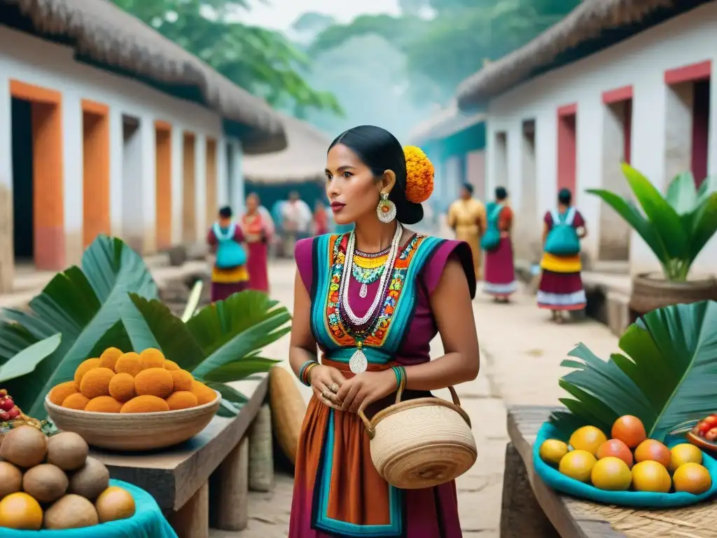 Vibrante mercado maya con colores, tejidos y frutas exóticas