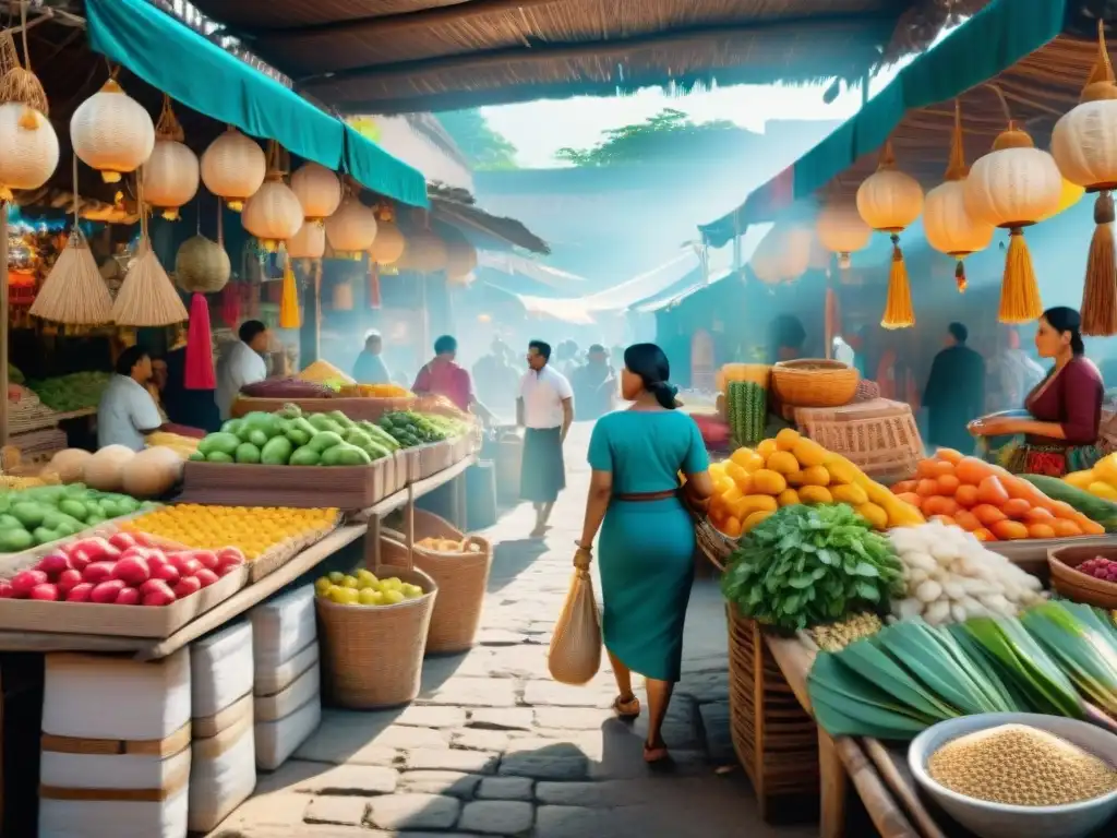 Vibrante mercado maya: coloridas telas, productos frescos y artesanías, fusionando lo tradicional y lo contemporáneo