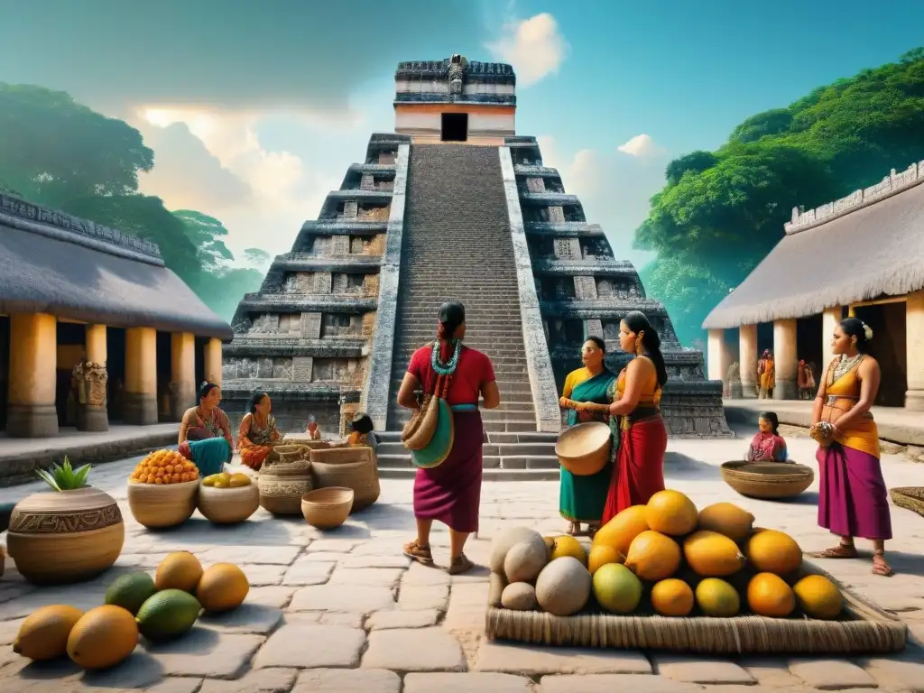 Vibrante mercado en civilización Maya: coloridos textiles, frutas exóticas y cerámica entretenimiento popular en civilización maya