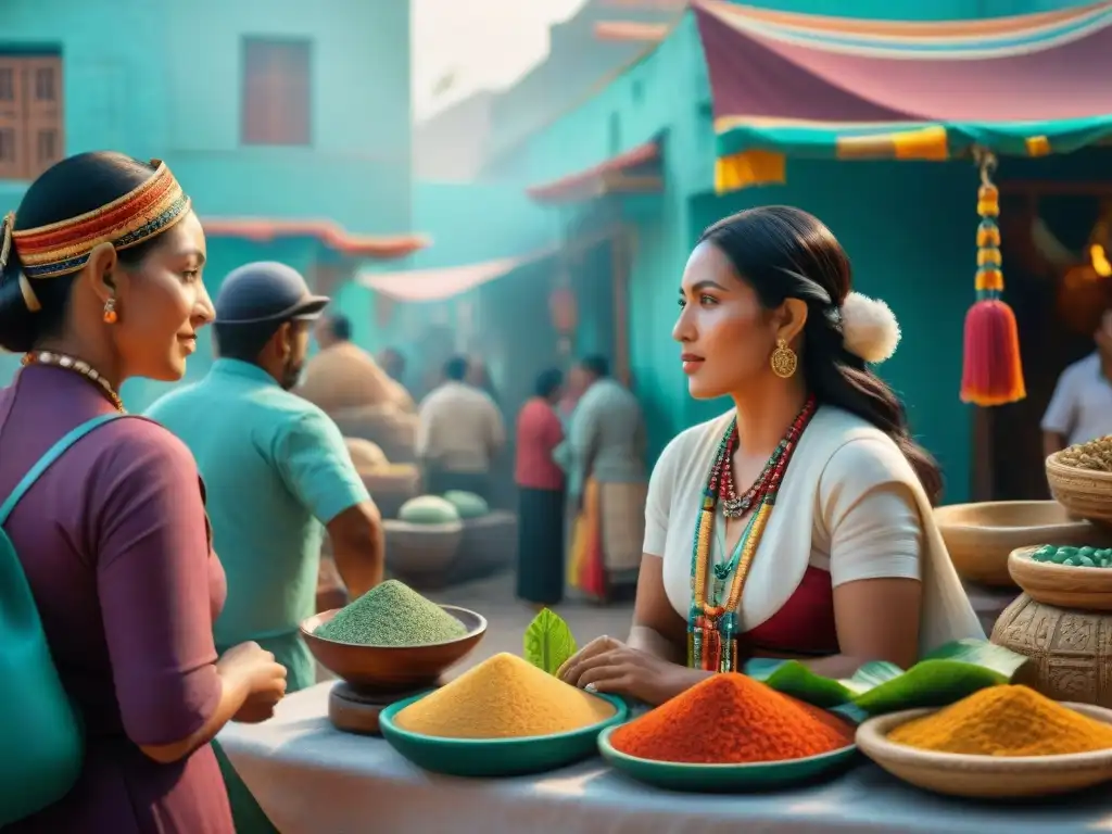 Vibrante mercado maya con comerciantes ambulantes intercambiando bienes como textiles y joyería de jade en escena histórica