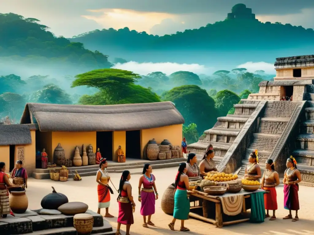 Vibrante mercado maya con comercio en la civilización maya, tejidos y frutas exóticas