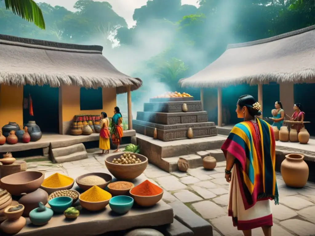 Vibrante mercado Maya con comercio en la civilización maya, textiles, alfarería, frutas exóticas y comerciantes en discusiones animadas