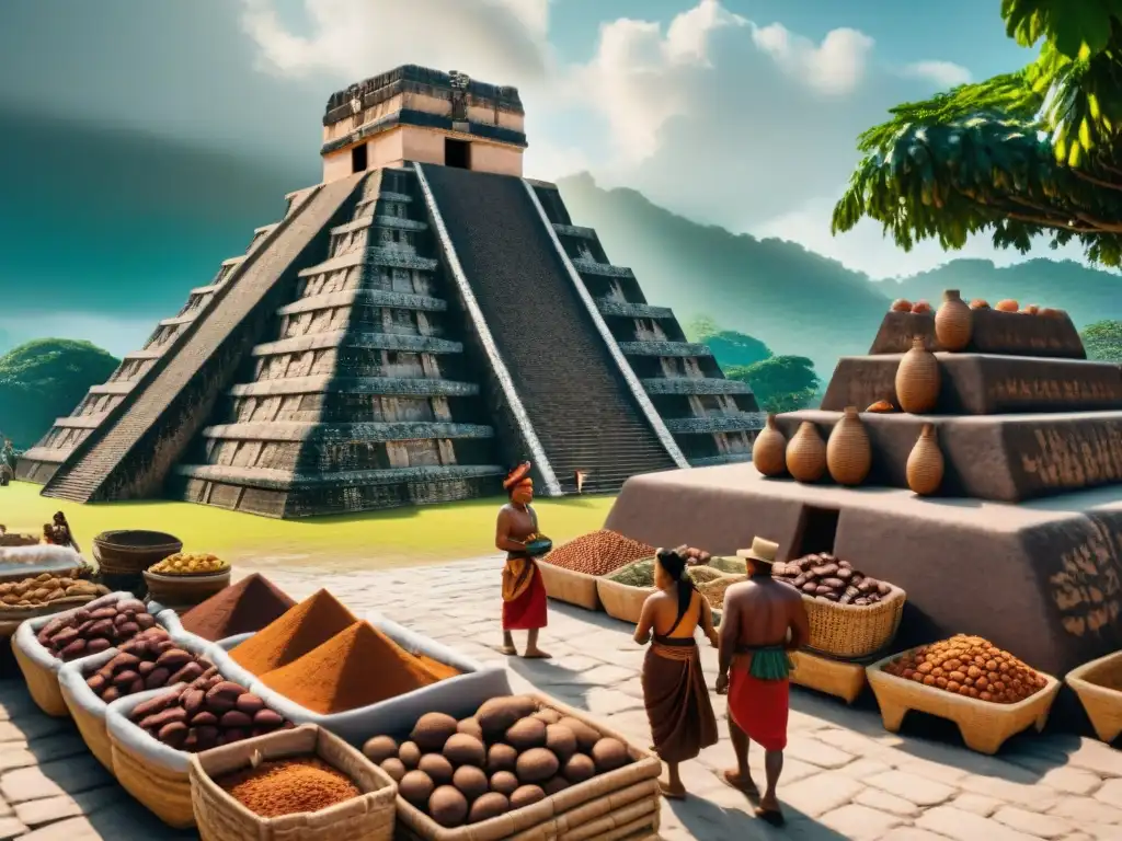 Vibrante mercado maya con comercio de cacao en civilización maya