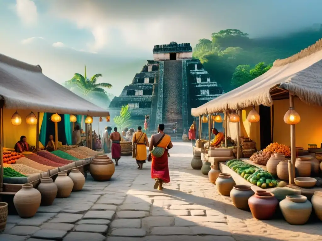 Vibrante mercado maya con comercio entre mayas y caribeños, tejidos, cerámica y especias exóticas