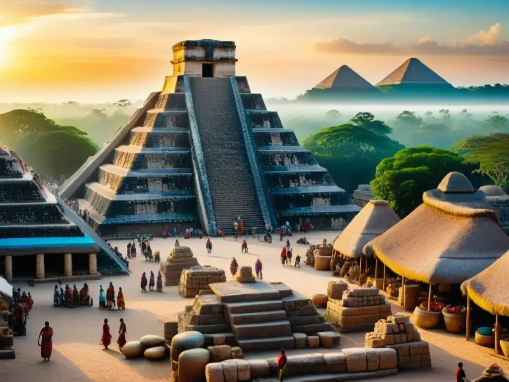 Vibrante mercado maya con comercio y Calendario maya astronómico