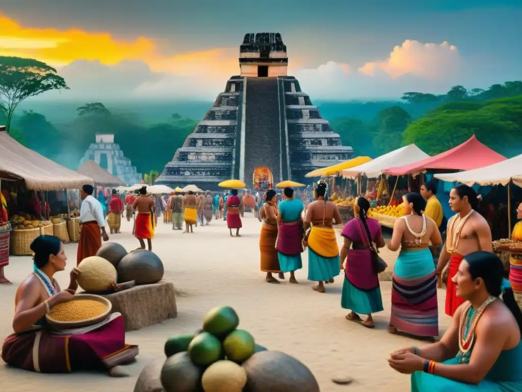 Vibrante mercado maya con comercio y celebraciones culturales en la civilización maya