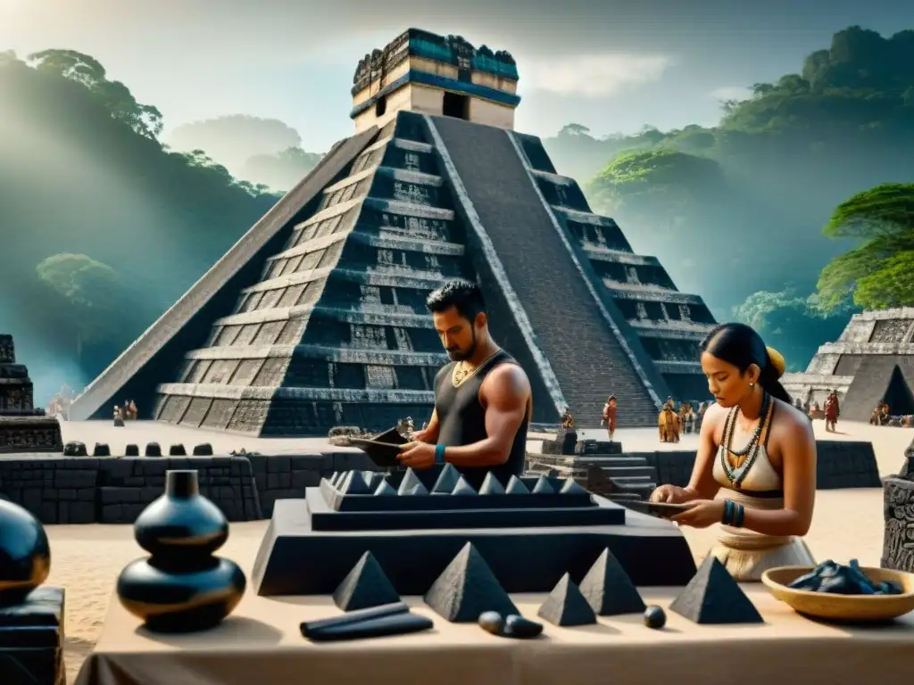 Vibrante mercado maya con comercio de obsidiana bajo el sol mesoamericano