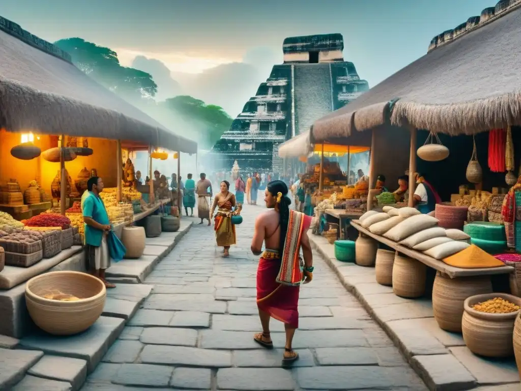 Vibrante mercado maya con comercio en la civilización maya