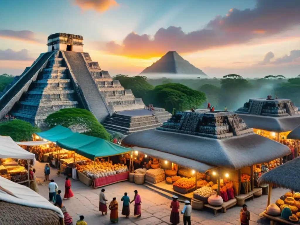 Vibrante mercado maya con detalles detallados capturando deuda y crédito en la civilización maya