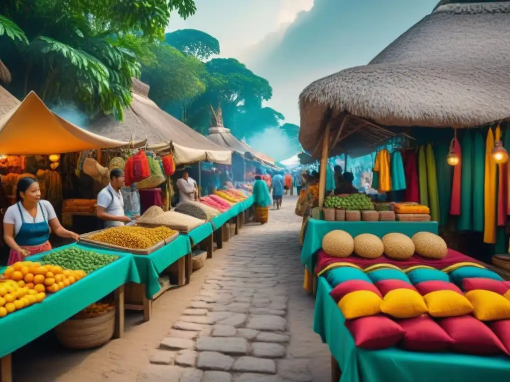 Mercado maya: diseño arquitectónico innovador y vibrante comercio Vibrante mercado maya con diseño innovador y bulliciosa actividad comercial