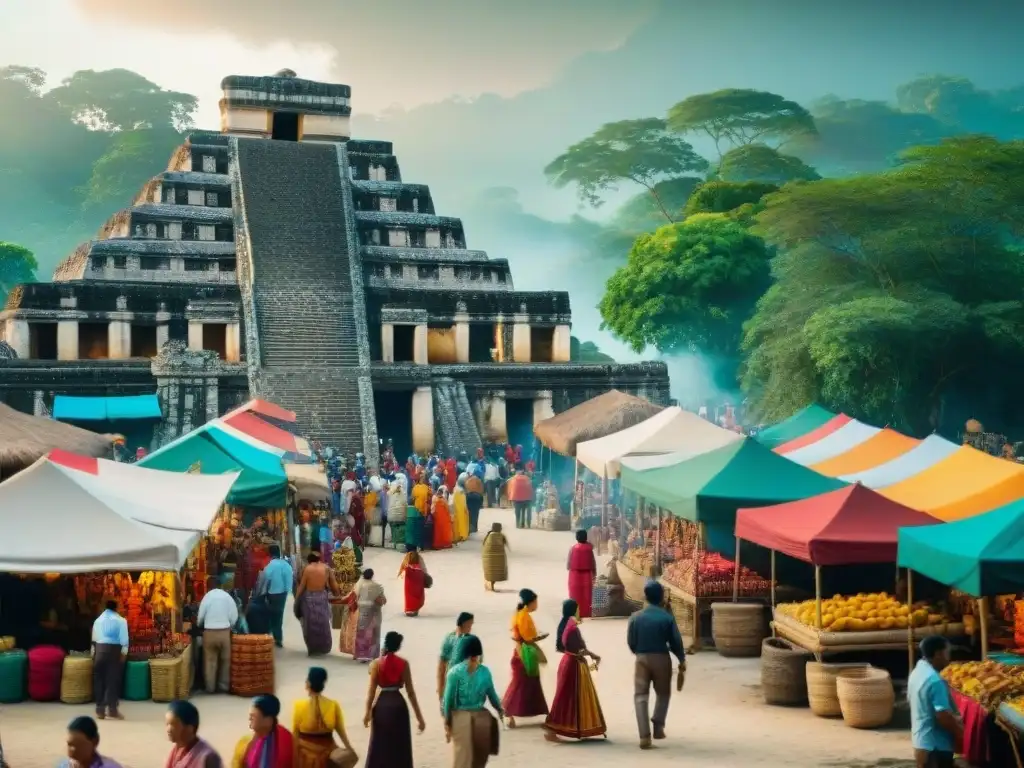 Mercado Maya: Colores vibrantes y artesanías en ruinas antiguas Un vibrante mercado maya con diseño innovador en medio de ruinas antiguas y exuberante vegetación