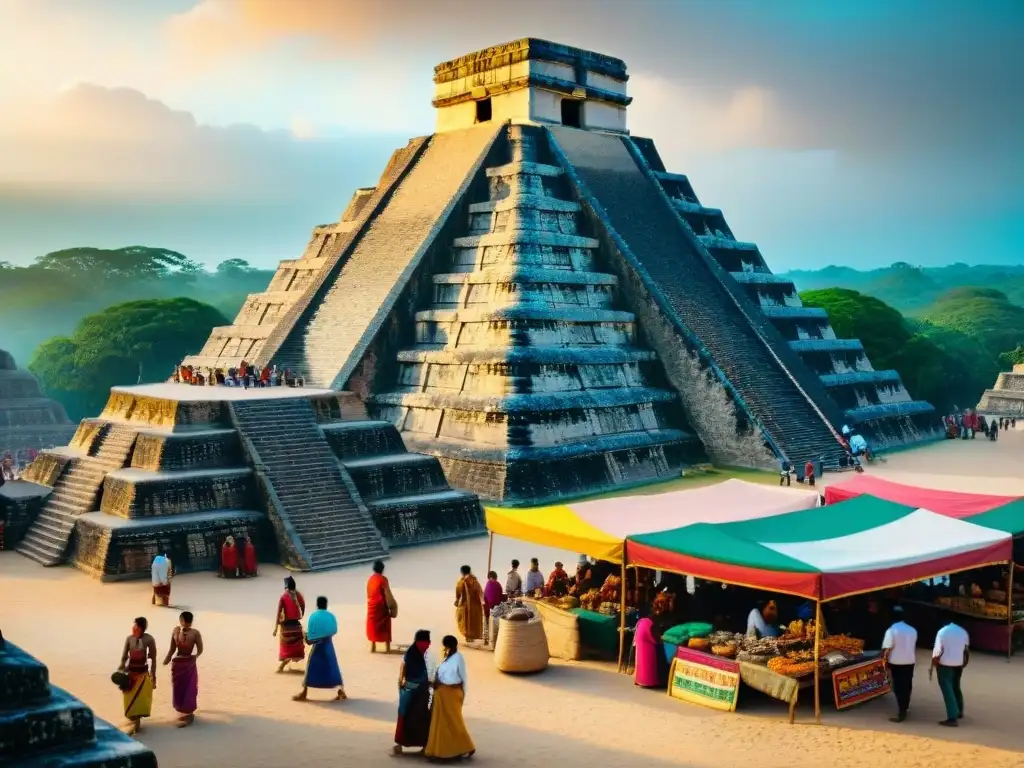 Vibrante mercado maya con entretenimiento popular en civilización maya