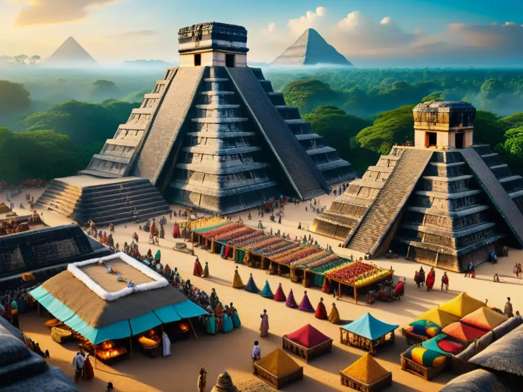 Vibrante mercado maya: influencia de rituales religión comercio maya en escena detallada