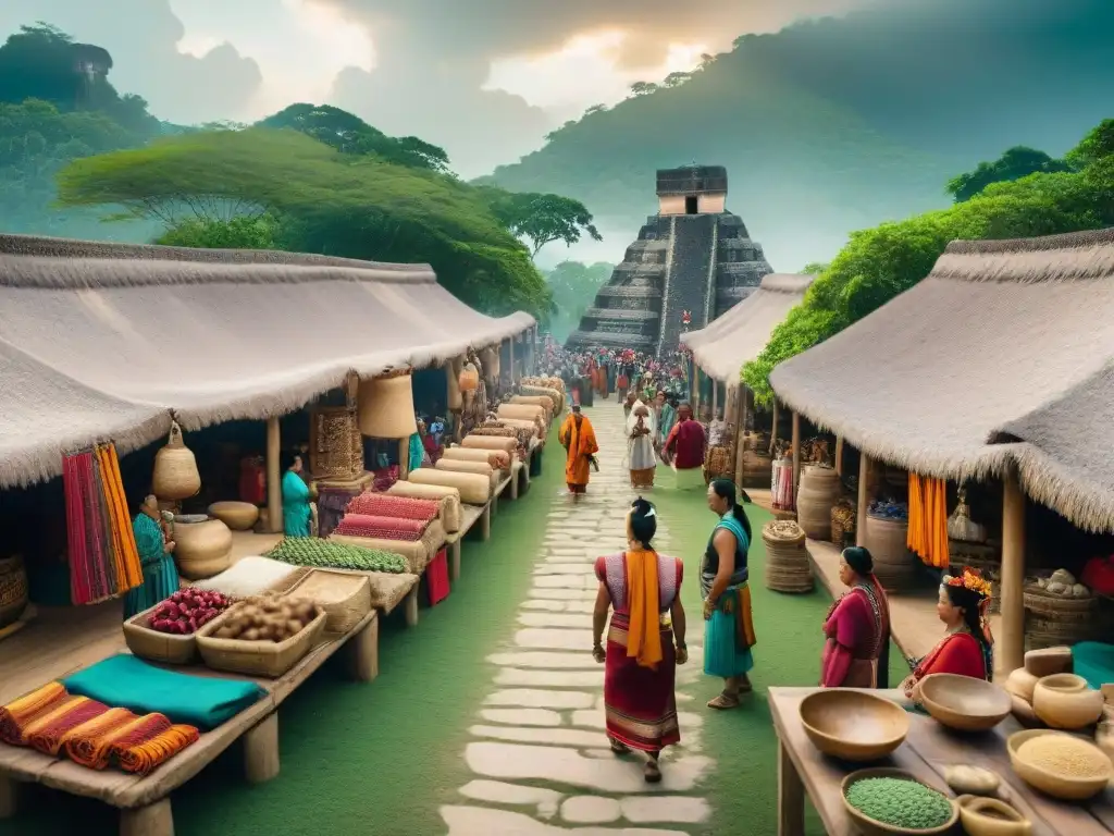 Vibrante mercado maya con influencia de rituales religión comercio maya