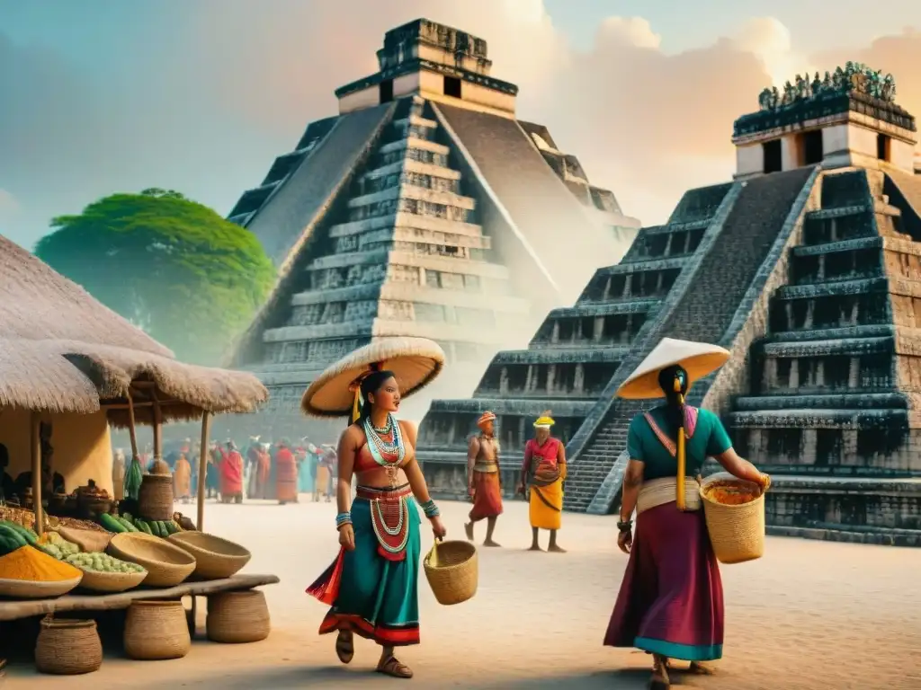 Vibrante mercado maya con intercambio comercial de jade, cacao y textiles bajo un atardecer espectacular