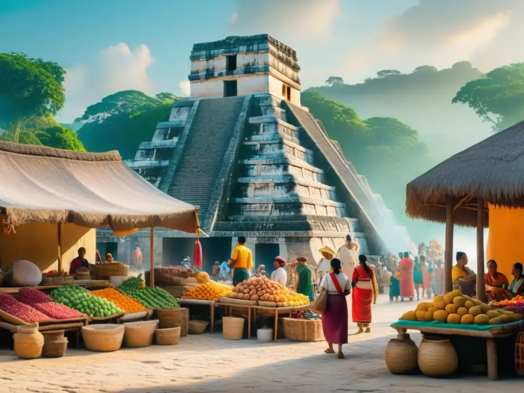 Vibrante mercado maya con intercambio económico y cultural en una ciudad ancestral