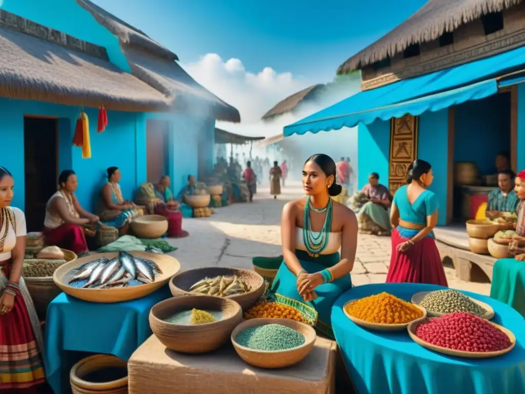 Vibrante mercado maya junto al río, con pescado fresco y textiles coloridos