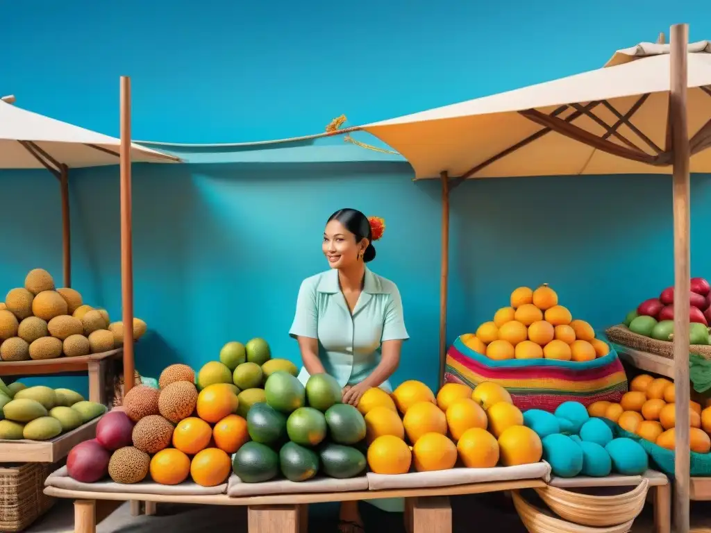 Un vibrante Mercado Maya lleno de sabores y colores, comercio auténtico y escenas históricas bajo un cielo azul