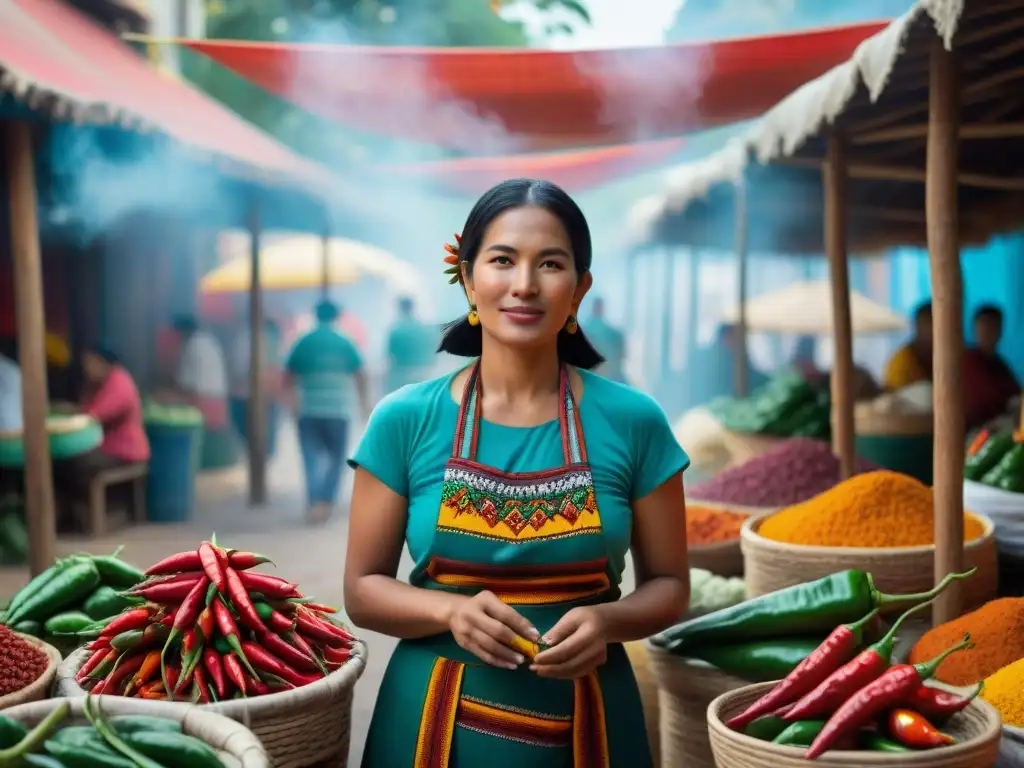 Un vibrante mercado maya lleno de actividad, con variedad de chiles