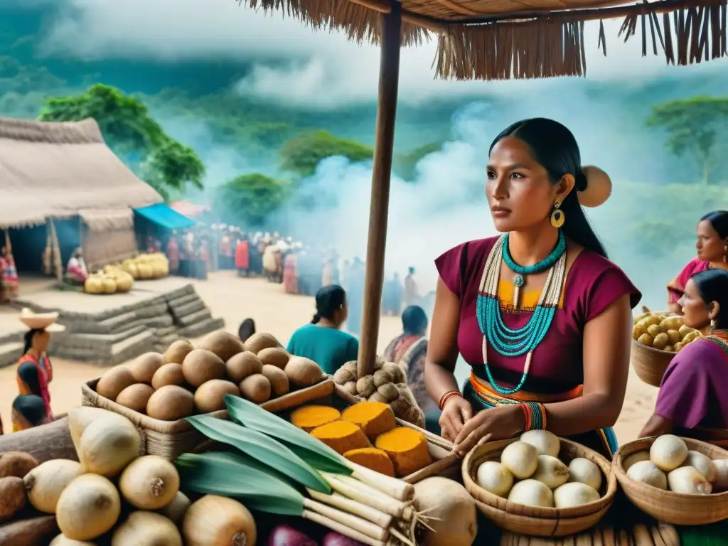 Vibrante mercado Maya con mujeres vendiendo yuca y camote, resaltando la conexión cultural