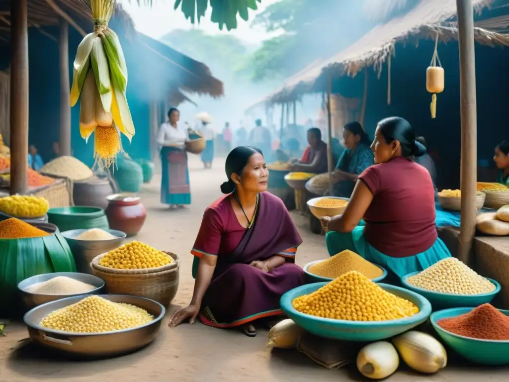 Vibrante mercado maya con mujeres en huipiles vendiendo maíz, niños jugando y ancianos observando