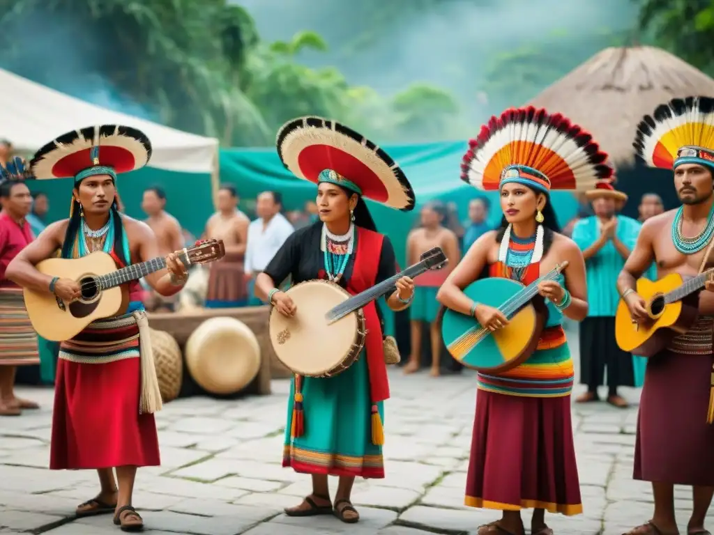 Un vibrante mercado maya con música tradicional y coloridos trajes, revitalizando lenguas y cultura