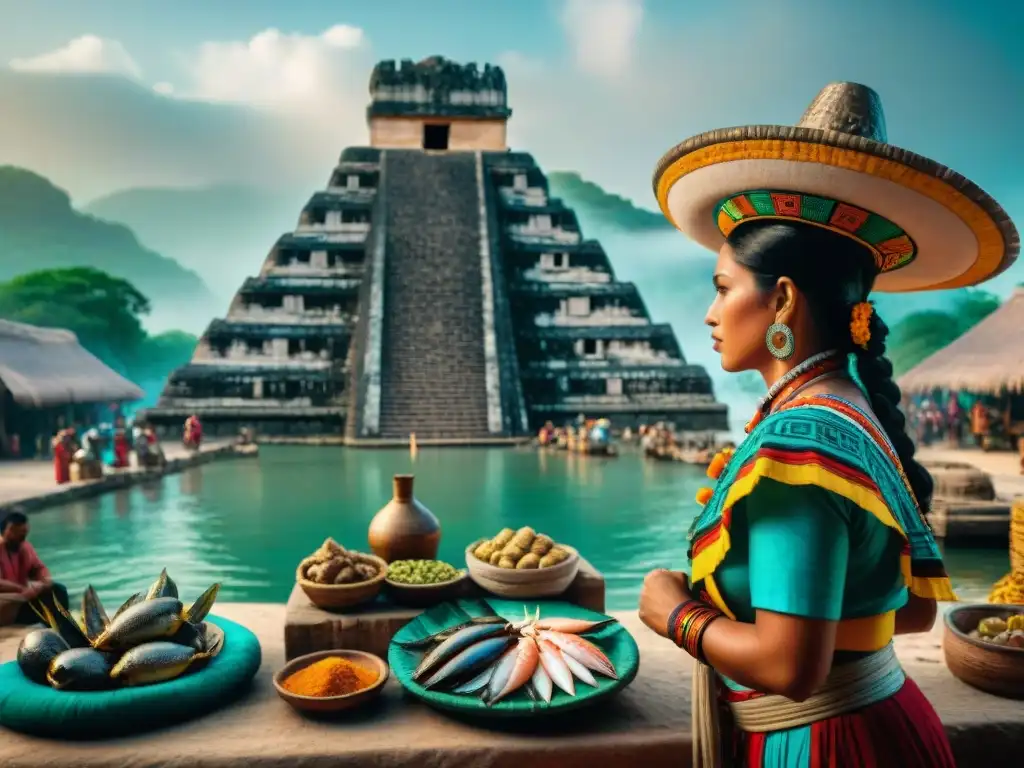 Vibrante mercado maya a la orilla del río con pescado fresco y coloridos atuendos, ilustrando la economía pesquera en la civilización maya